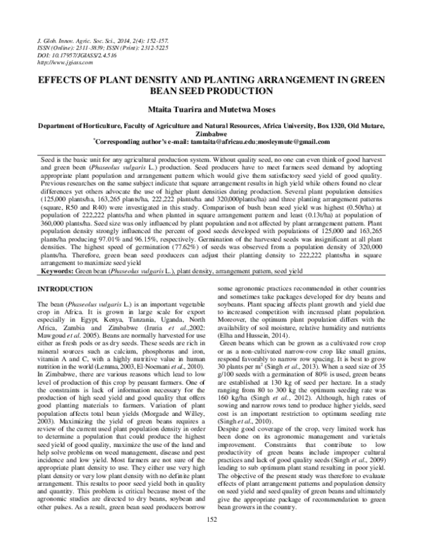 (PDF) Effects of Plant Density and Planting Arrangement in Green Bean ...