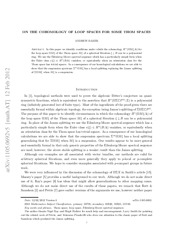 (PDF) On the cohomology of loop spaces for some Thom spaces