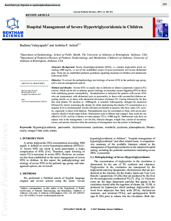(PDF) Hospital Management of Severe Hypertriglyceridemia in Children