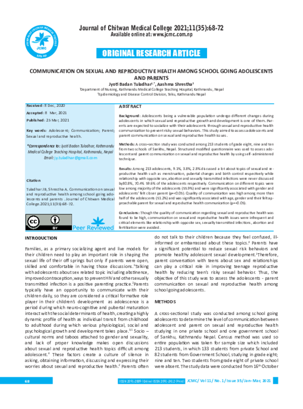 (PDF) Communication on Sexual and Reproductive Health Among School ...