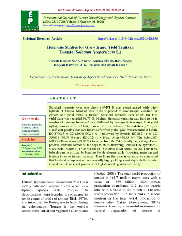 (PDF) Heterosis Studies for Growth and Yield Traits in Tomato (Solanum ...