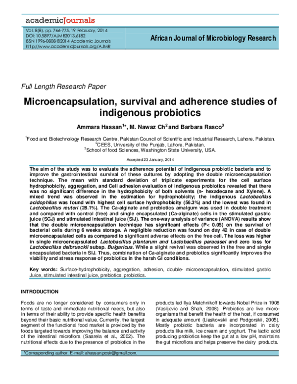 (PDF) Microencapsulation, survival and adherence studies of indigenous ...