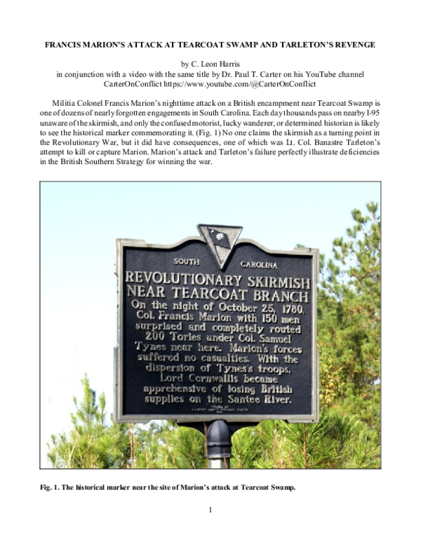 (PDF) FRANCIS MARION'S ATTACK AT TEARCOAT SWAMP AND TARLETON'S REVENGE
