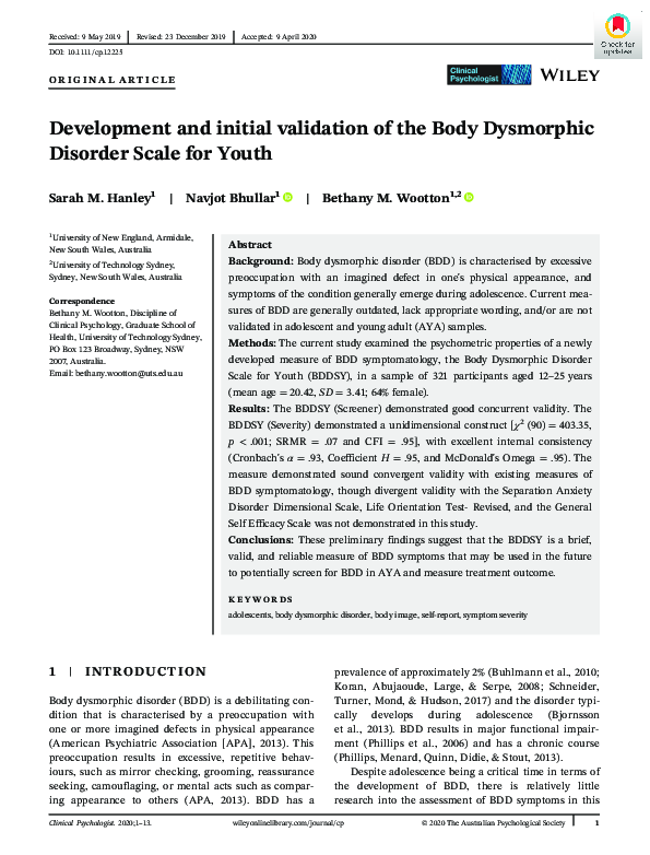 (PDF) Development and initial validation of the Body Dysmorphic