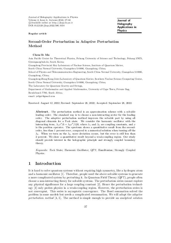 (PDF) Second-Order Perturbation in Adaptive Perturbation Method