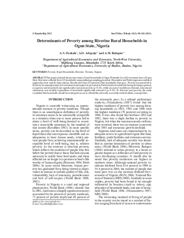 (PDF) Determinants of Poverty among Riverine Rural Households in Ogun ...
