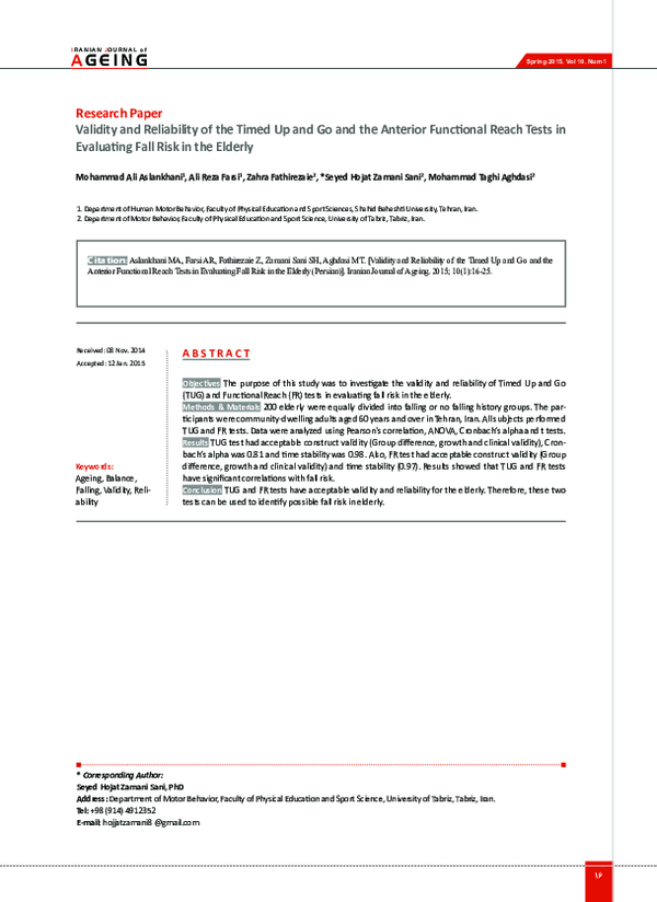 (PDF) Validity and Reliability of the Timed Up and Go and the Anterior ...