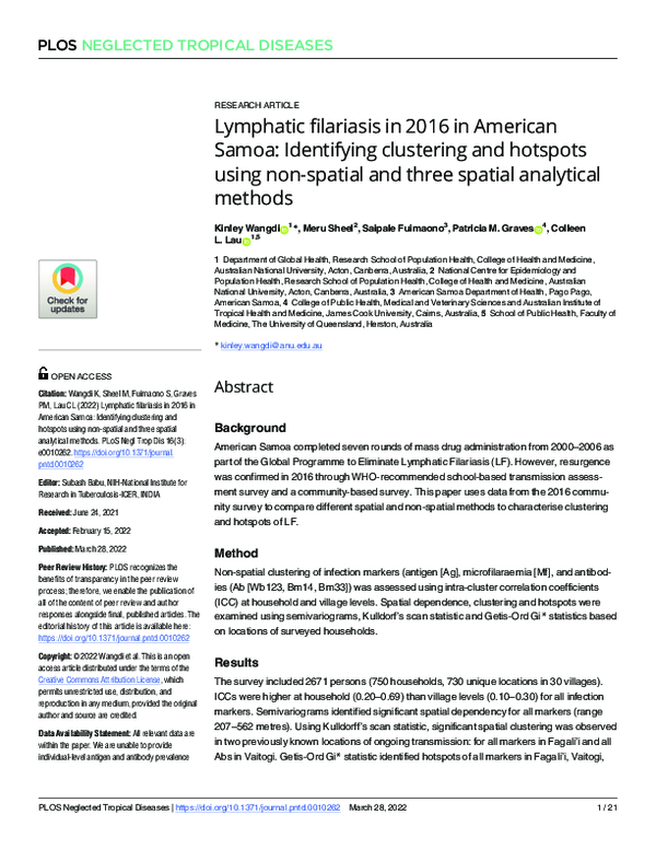(PDF) Lymphatic filariasis in 2016 in American Samoa: Identifying ...
