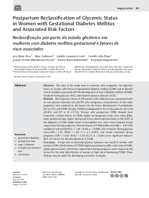 (PDF) Postpartum Reclassification of Glycemic Status in Women with ...
