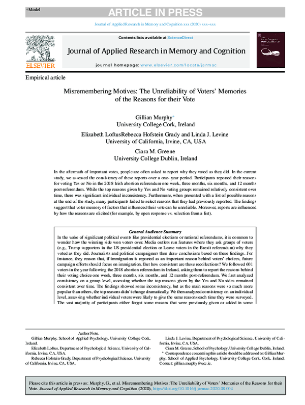 (PDF) Misremembering motives: The unreliability of voters’ memories of ...