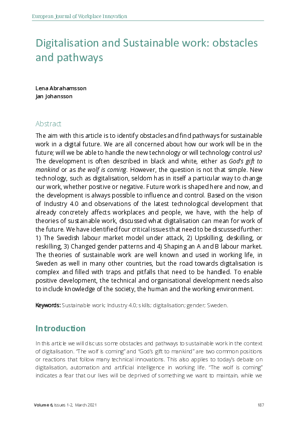 (PDF) Digitalisation and Sustainable Work: obstacles and pathways