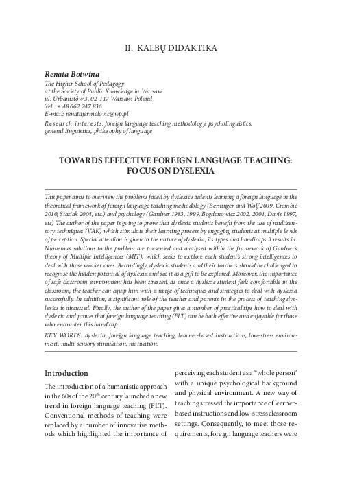 (PDF) Towards Effective Foreign Language Teaching: Focus on Dyslexia