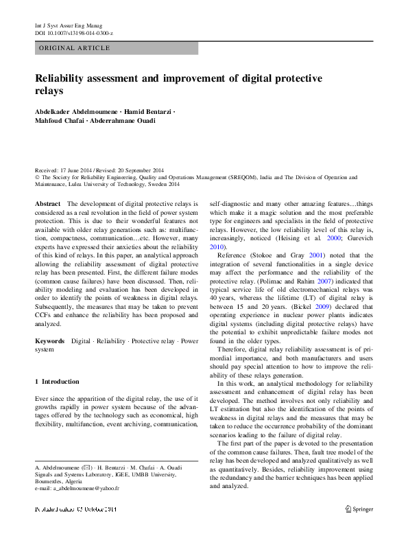 (PDF) Reliability assessment and improvement of digital protective relays