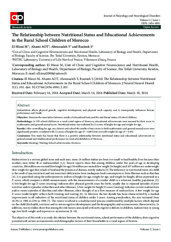(PDF) The Relationship between Nutritional Status and Educational ...