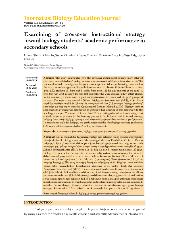 (PDF) Examining of crossover instructional strategy toward biology ...