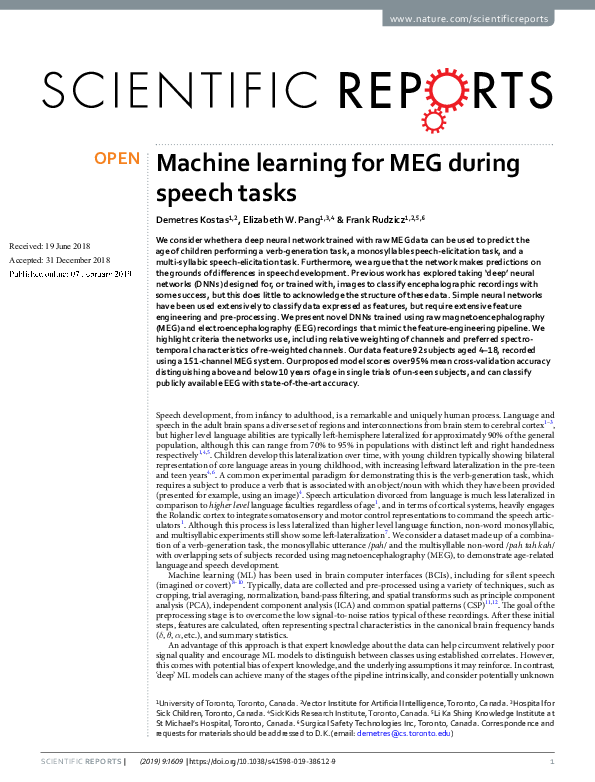 (PDF) Machine learning for MEG during speech tasks