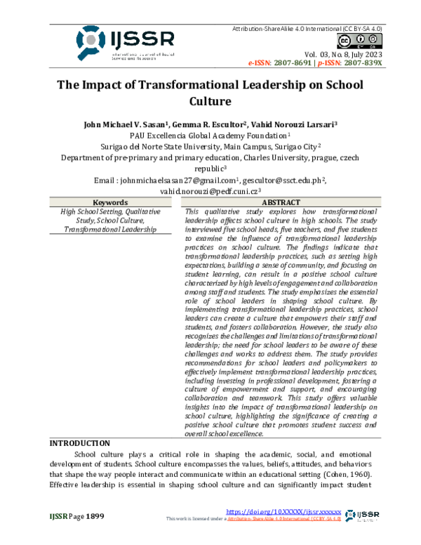 (PDF) The Impact of Transformational Leadership on School Culture