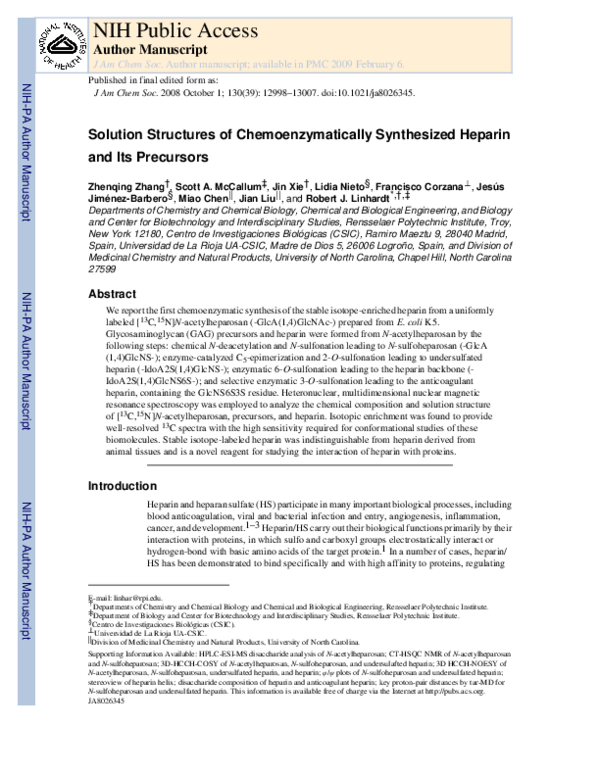 (PDF) Solution Structures of Chemoenzymatically Synthesized Heparin and ...