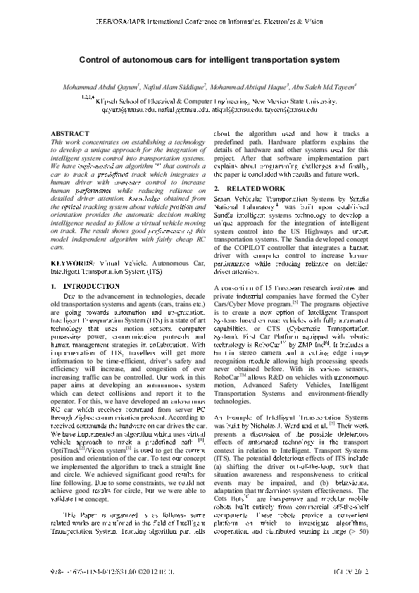 (PDF) Control of autonomous cars for intelligent transportation system