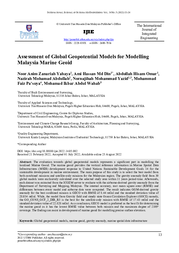 (PDF) Assessment of Global Geopotential Models for Modelling Malaysia ...