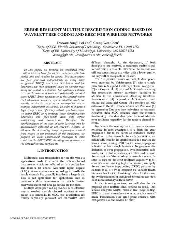 (PDF) Error Resilient Multiple Description Coding Based on Wavelet Tree ...