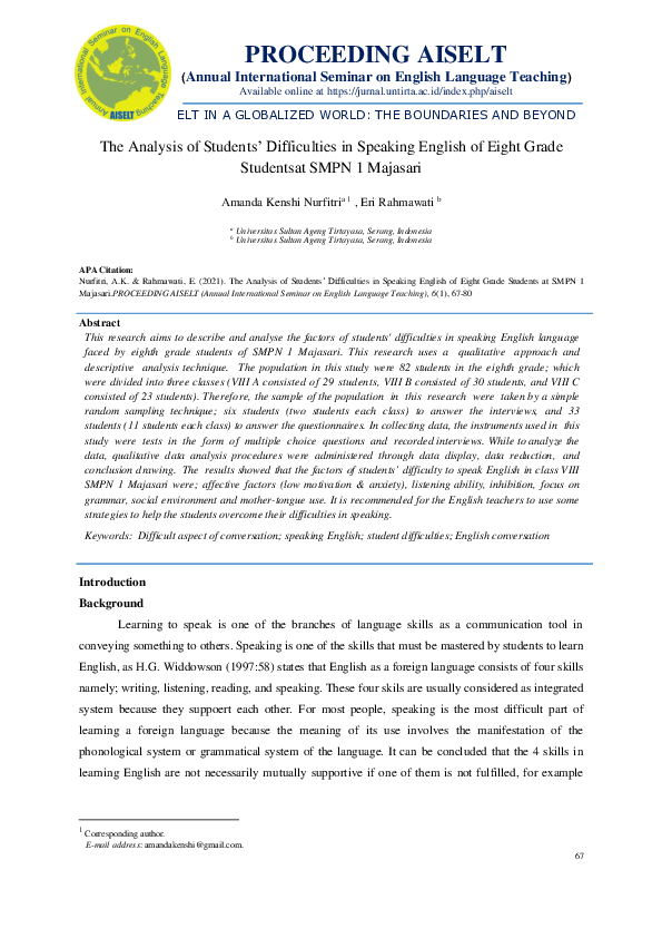 (PDF) The Analysis of Students’ Difficulties in Speaking English of ...
