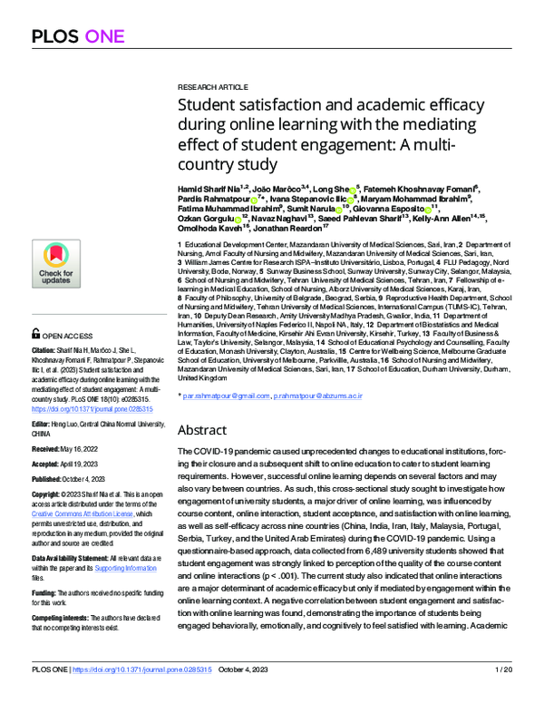 (PDF) Student satisfaction and academic efficacy during online learning ...