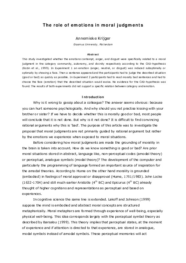 (PDF) The role of emotions in moral judgments