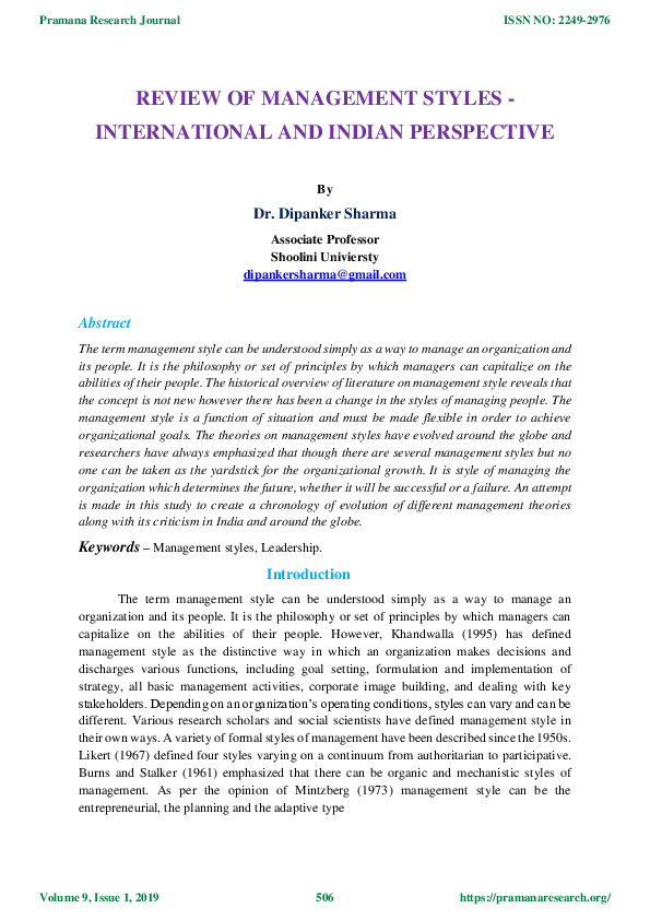 (PDF) REVIEW OF MANAGEMENT STYLES -INTERNATIONAL AND INDIAN PERSPECTIVE
