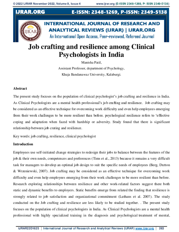 (PDF) Job crafting and resilience among Clinical Psychologists in India