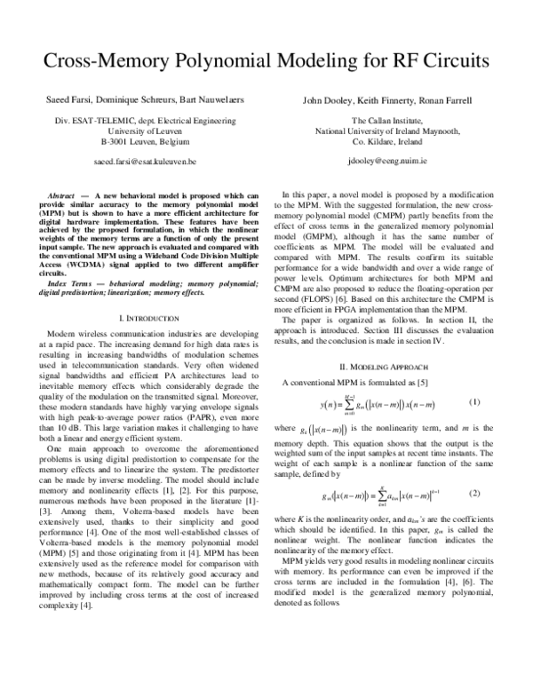 (PDF) Cross-memory polynomial modeling for RF circuits