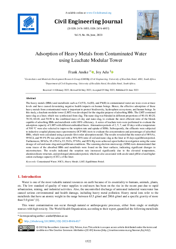 (PDF) Adsorption of Heavy Metals from Contaminated Water using Leachate ...