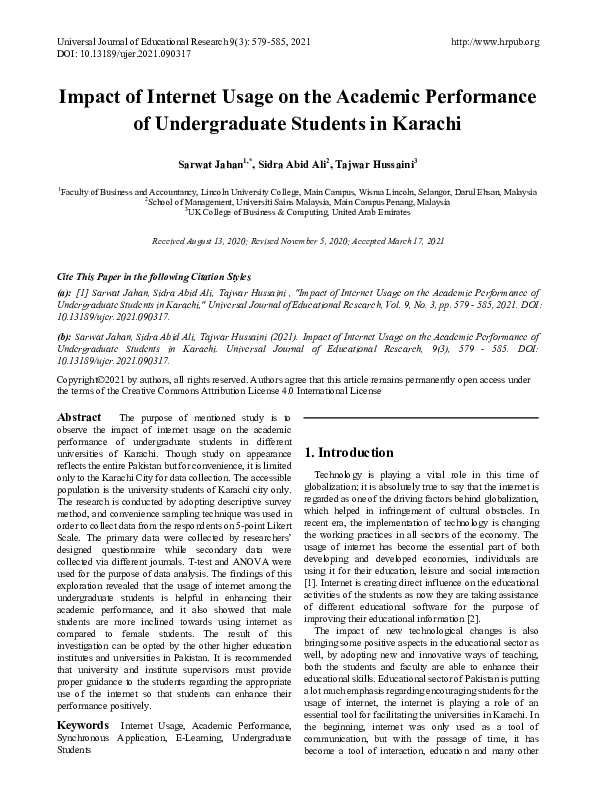 (PDF) Impact of Internet Usage on the Academic Performance of ...