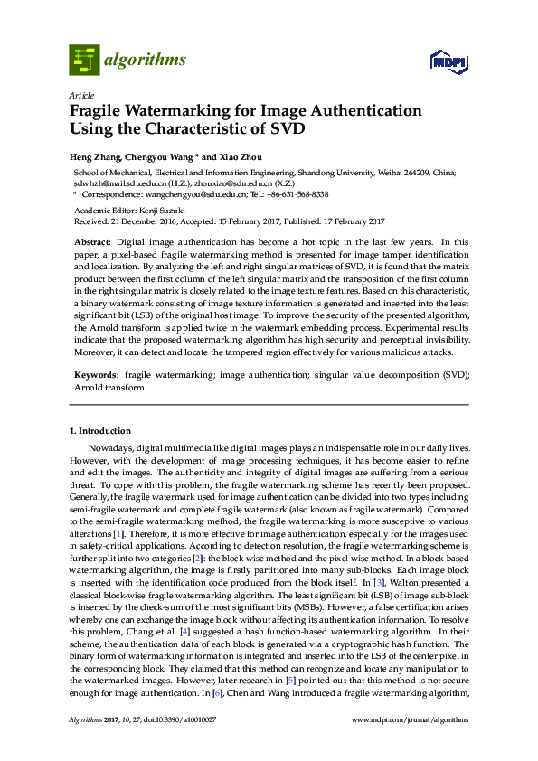 (PDF) Fragile Watermarking for Image Authentication