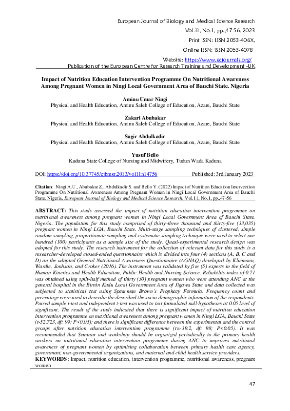 (PDF) Impact of Nutrition Education Intervention Programme On ...