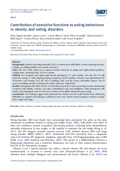 (PDF) Contribution of executive functions to eating behaviours in ...
