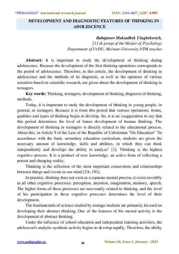 Pdf Development And Diagnostic Features Of Thinking In Adolescence