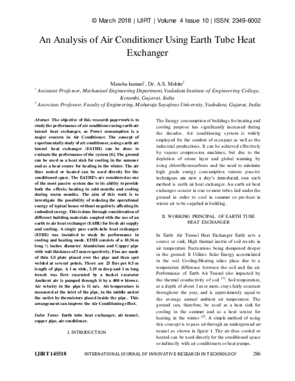 (PDF) An Analysis of Air Conditioner Using Earth Tube Heat Exchanger