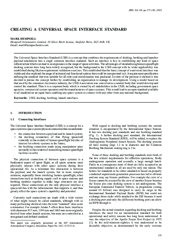 (PDF) Creating A Universal Space Interface Standard