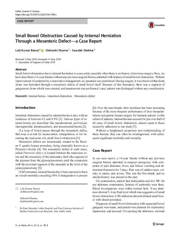 (PDF) Small Bowel Obstruction Caused by Internal Herniation Through a ...