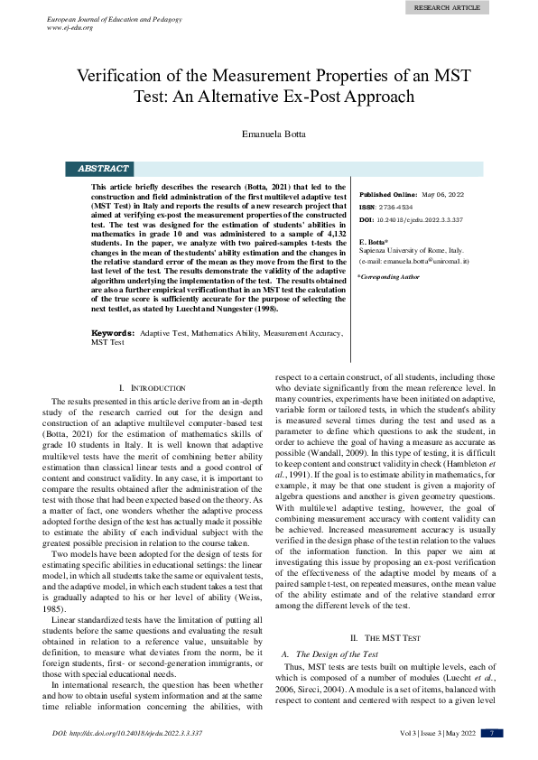 (PDF) Verification of the Measurement Properties of an MST Test: An ...