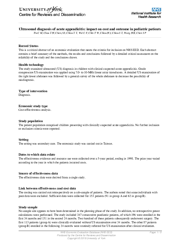 (PDF) Ultrasound Diagnosis of Acute Appendicitis: Impact on Cost and ...