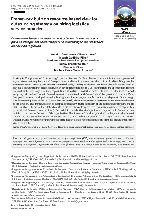 (PDF) Framework built on resource based view for outsourcing strategy ...