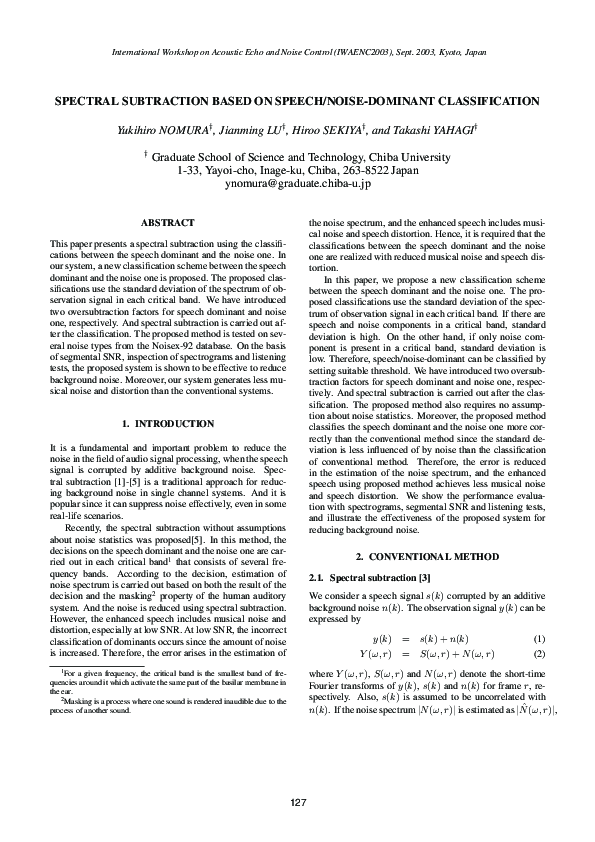 (PDF) Spectral Subtraction Based on Speech/Noise-Dominant Classification
