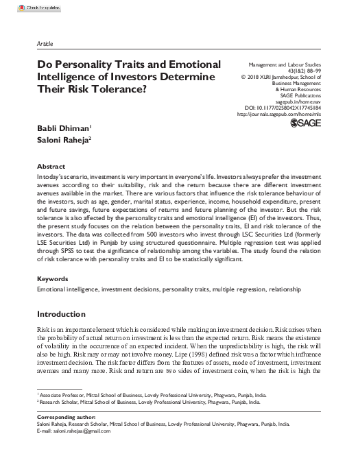 (PDF) Do Personality Traits and Emotional Intelligence of Investors ...
