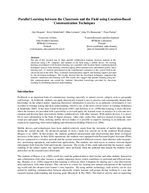 (PDF) Parallel Learning between the Classroom and the Field using ...