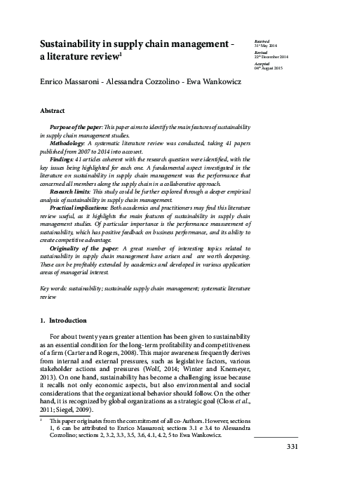 (PDF) Sustainability in Supply Chain Management - A Literature Review