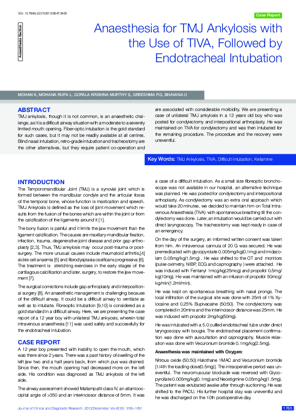 (PDF) Anaesthesia for TMJ Ankylosis with the Use of TIVA, Followed by ...