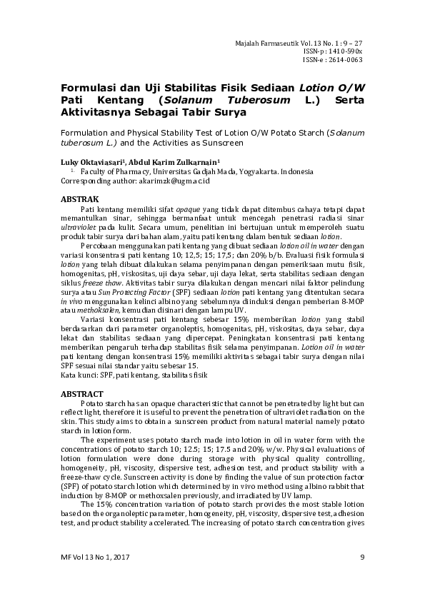 Formulation and Physical Stability Test of Lotion O/W Potato Starch (Solanum tuberosum L.) and the Activities as Sunscreen