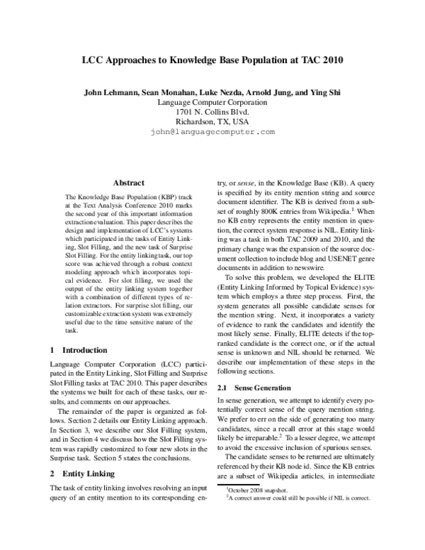 (PDF) LCC Approaches to Knowledge Base Population at TAC 2010